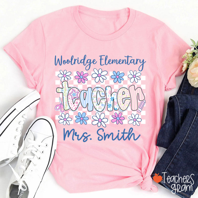 Personalized Name Grade And School Name Checkered Flowers Teacher T-Shirt