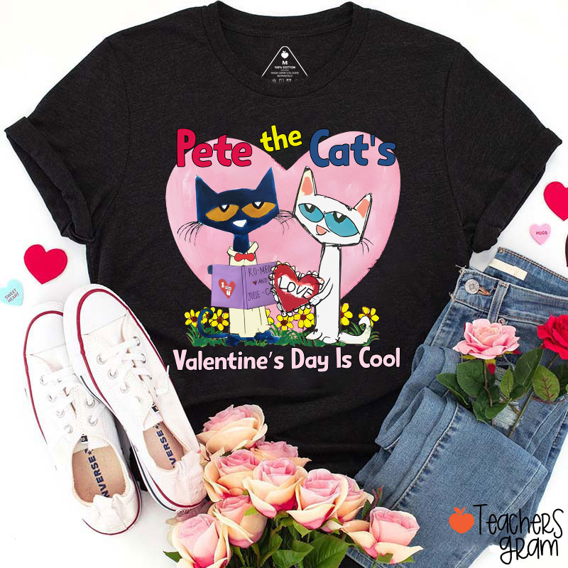 Blue And White Cat Valentine's Day Is Cool Teacher T-Shirt