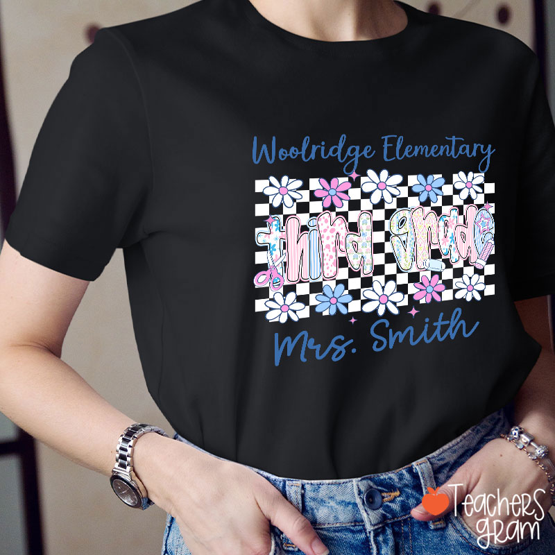 Personalized Name Grade And School Name Checkered Flowers Teacher T-Shirt