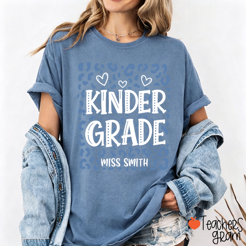 Personalized Name And Grade Leopard Heart Teacher T-Shirt