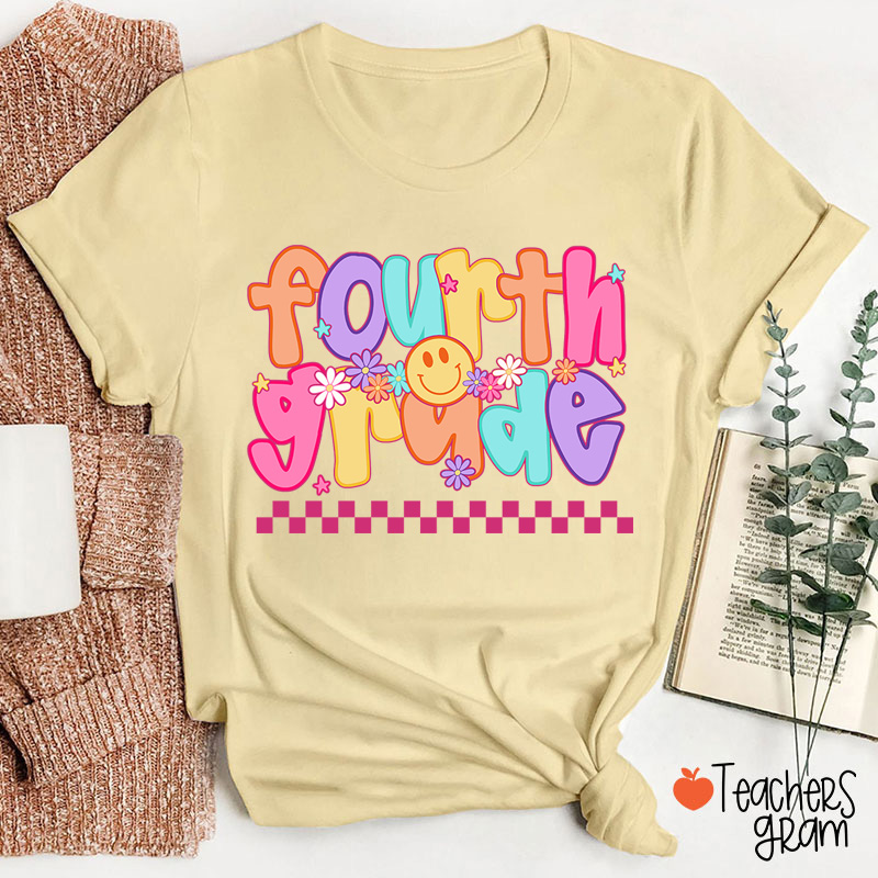 Personalized Grade Candy Color Fonts Checkered Teacher T-Shirt