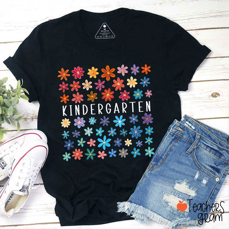 Personalized Grade Colored Flowers Teacher T-Shirt