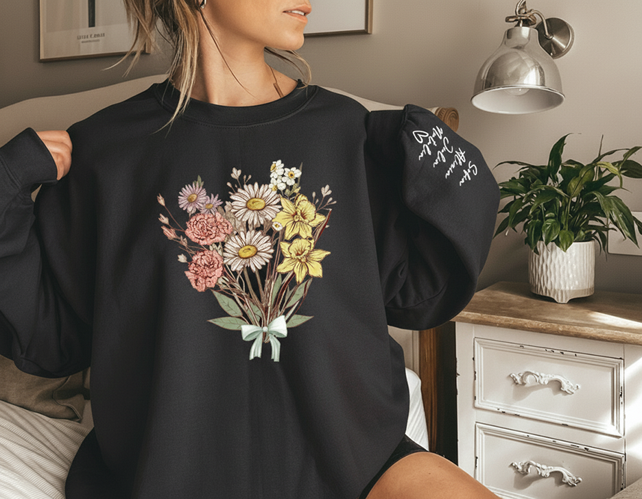 Personalized Name And Birthday Month Flower Teacher Sleeve Print Sweatshirt
