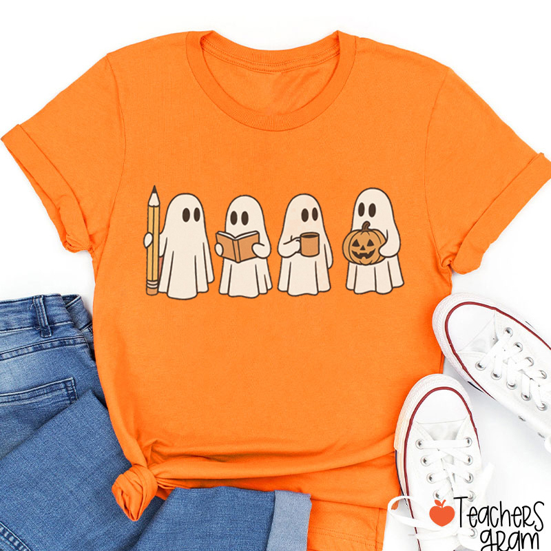 Halloween Cute Reading Ghost Teacher T-Shirt
