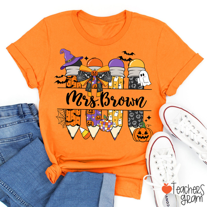 Personalized Name Pumpkin Ghost Pencil Teacher T-Shirt