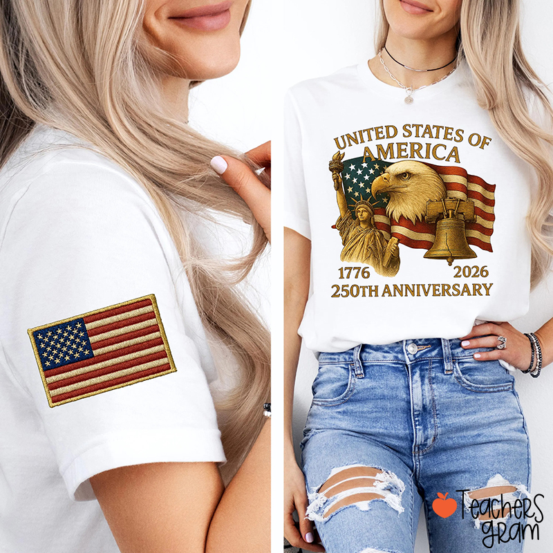 Faux Embroidered United States Of America 250th Anniversary Teacher Sleeve Print T-Shirt