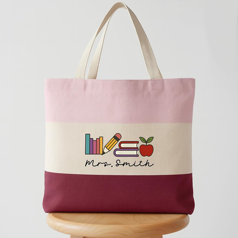 Personalized Name Books Pencil Apple Teacher Tote Bag