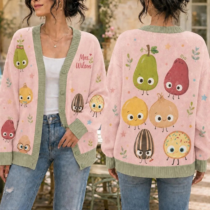Personalized Name Happy Fruits Teacher Ugly Cardigan Sweaters