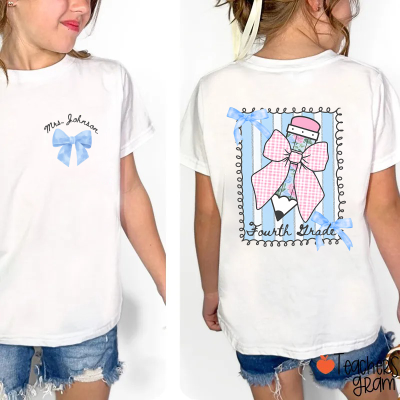 Personalized Grade And Name Flower Pencil Checkered Bow Class Two Sided T-Shirt
