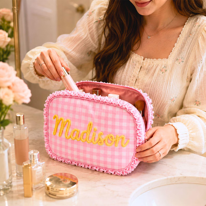 Personalized Chenille Name Gingham Ruffle Teacher Makeup Bag