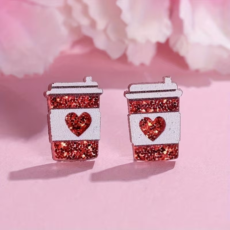 Heart Coffee Cup Teacher Wooden Earrings