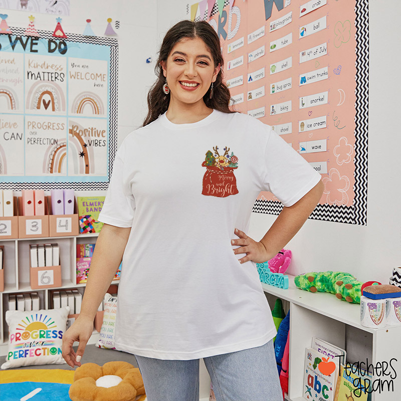 Merry And Bright Cute Reindeer Teacher T-Shirt