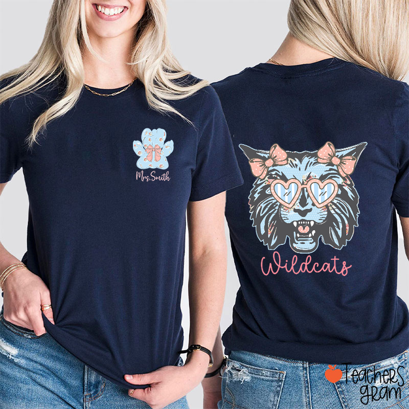 Personalized Mascot And Name Cute Coquette Bow Teacher Two Sided T-Shirt