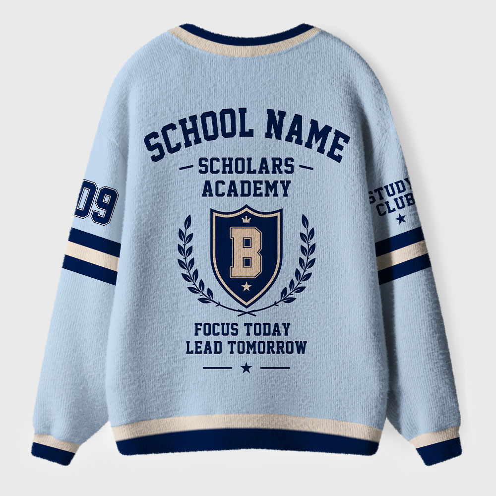 Personalized School Name Crest Est Year Slogan Teacher Ugly Cardigan Sweater