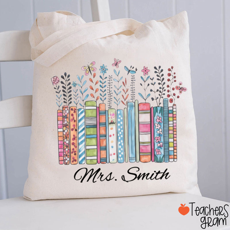 Personalized Floral Books Teacher Tote Bag