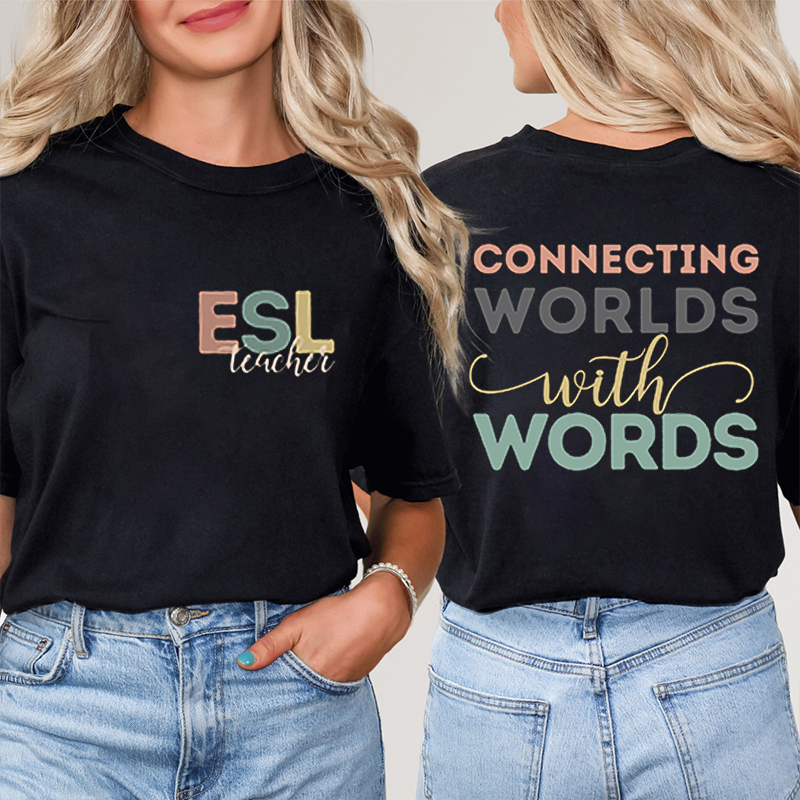 Personalized Name Connection With Words ESL Spanish Teacher Two Sided T-Shirt