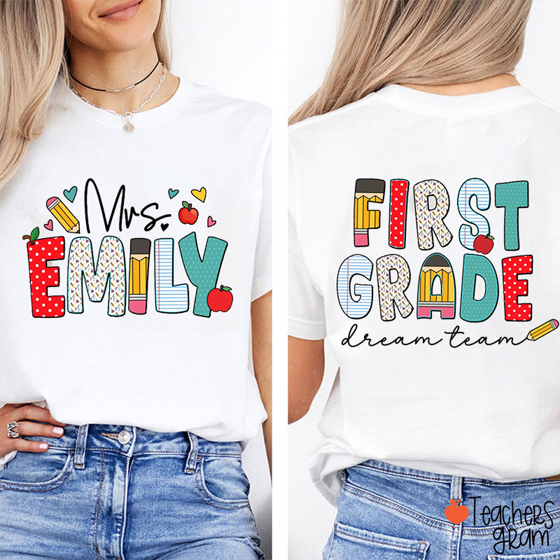 Personalized Grade And Name Pencil Apple Fonts Teacher Two Sided T-Shirt