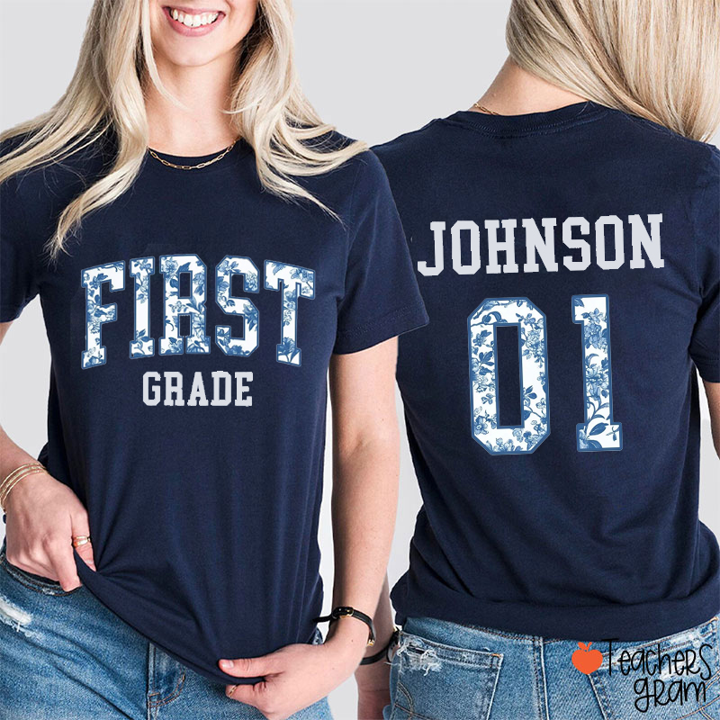 Personalized Name And Grade Blue And White Porcelain Teacher Two Sided T-Shirt