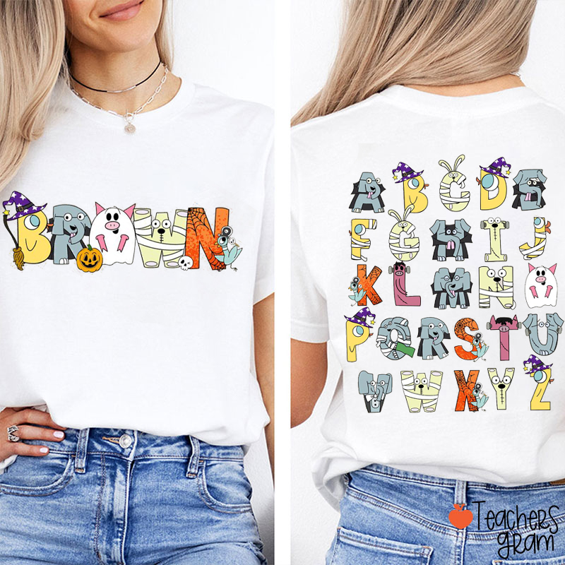 Personalized Name Cartoon Characters Alphabet Teacher Two Sided T-Shirt