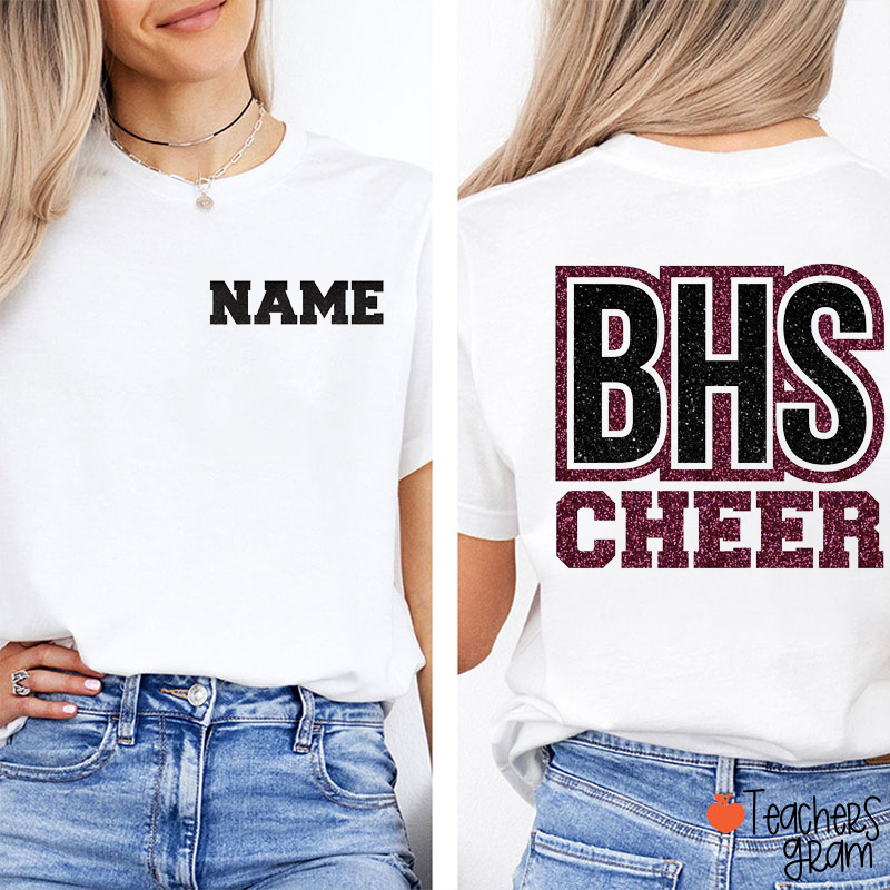 Personalized Name And School Initials Cheer Imitation Glitter Teacher Two Sided T-Shirt