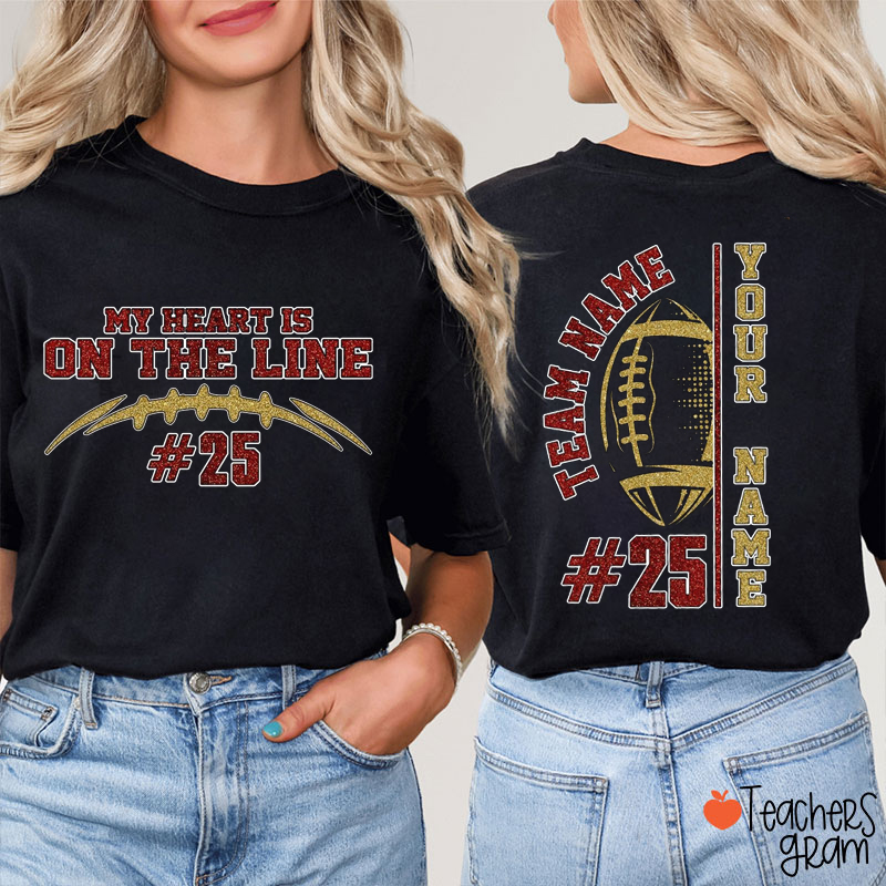 Personalized Mascot And Sport Imitation Glitter My Heart Is On The Line Teacher Two Sided T-Shirt