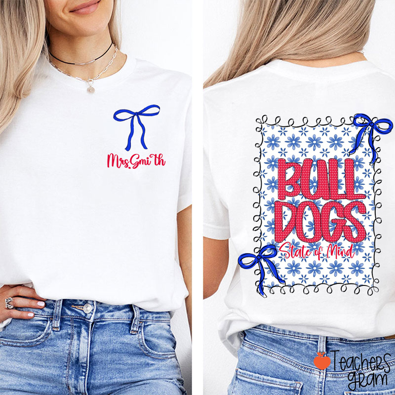 Personalized Mascot And Name Flower Bow Teacher Two Sided T-Shirt