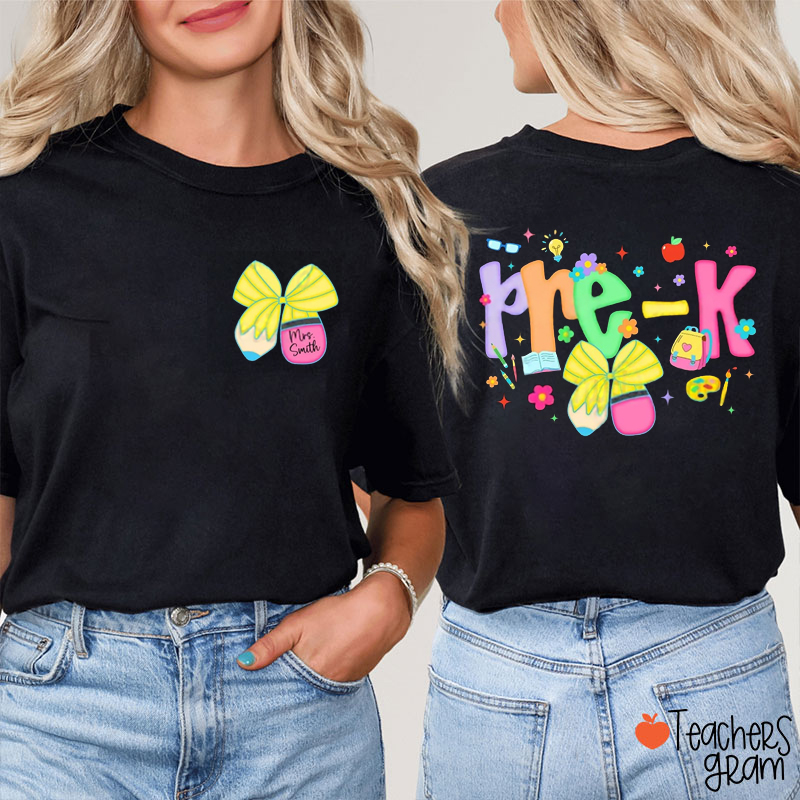 Personalized Name And Grade Pencil Bow Candy Color Fonts Teacher Two Sided T-Shirt