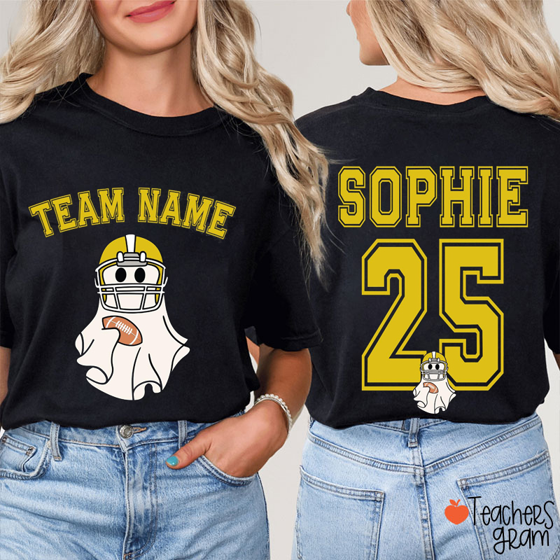Personalized Team Name Ghost Play Football Teacher Two Sided T-Shirt