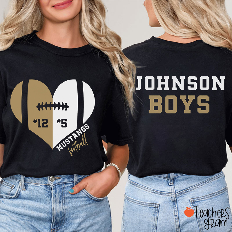 Personalized Mascot Two Players Heart Football Teacher Two Sided T-Shirt