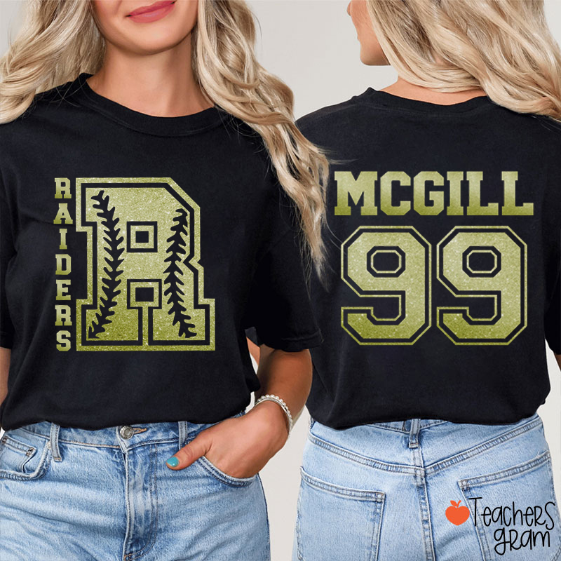 Personalized Mascot Glitter Initials School Spirit  Teacher Two Sided T-Shirt
