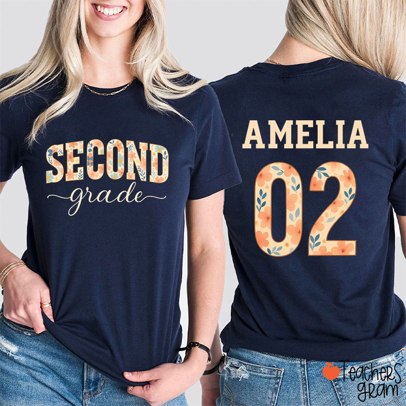Personalized Grade And Name Floral Back To School Teacher Two Sided T-Shirt