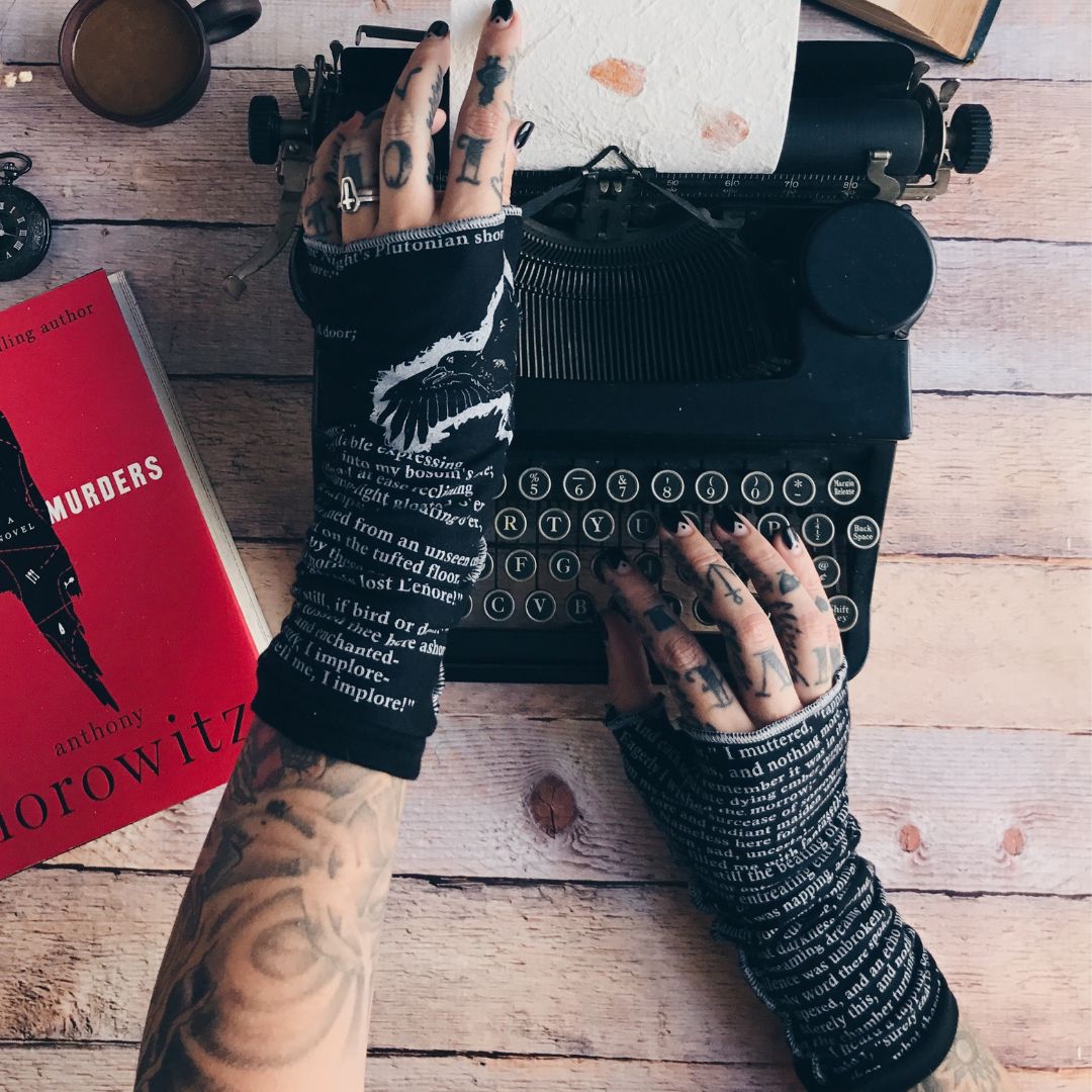 The Raven Writing Gloves _ Black and Gray Fingerless Gloves