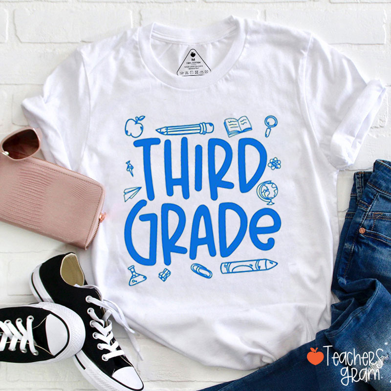 Personalized Grade Pencil Book Icons Teacher T-Shirt