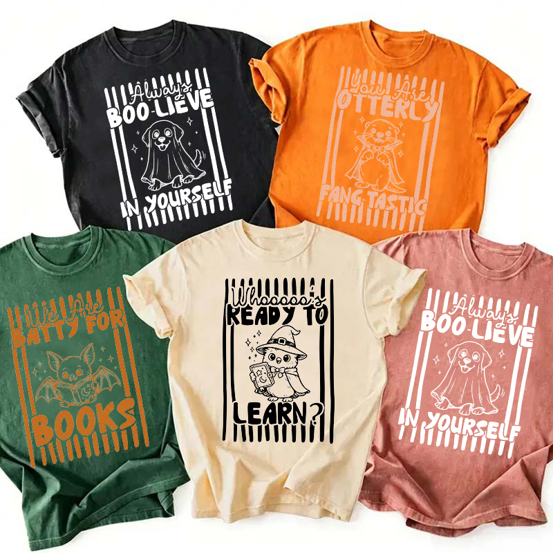 Personalized Vintage Halloween Cute Ghost Dog Owl Bat Otter Pun Teacher T-Shirt