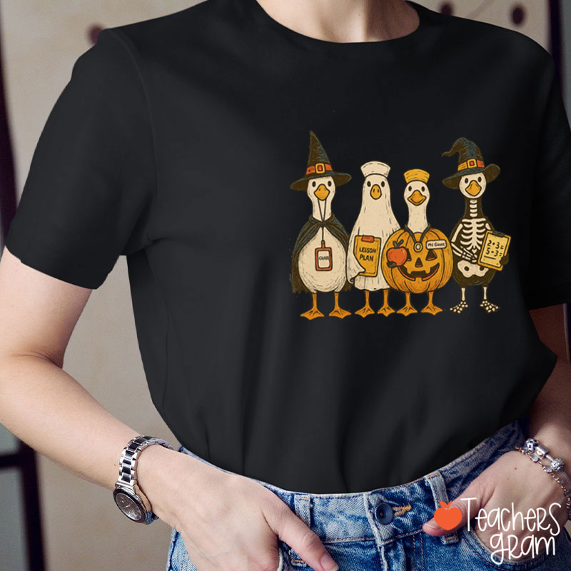Halloween Wizard Pumpkin Goose Teacher T-Shirt