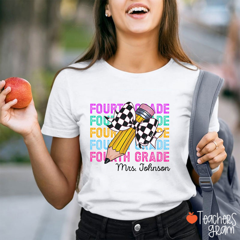 Personalized Pencil Bow Checkerboard Teacher T-Shirt