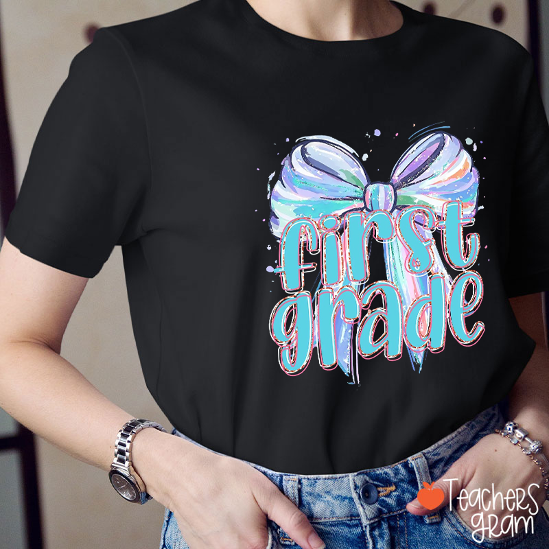 Personalized Grade Bow Tie Blue Teacher T-Shirt