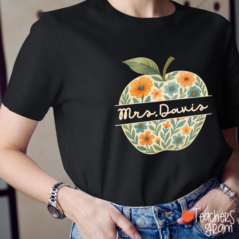 Personalized Name Vintage Floral Apple Teacher T-Shirt