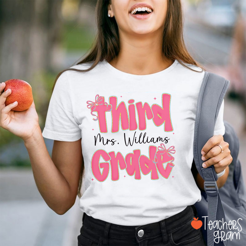 Personalized Pink Bow Tie Grade Teacher T-Shirt