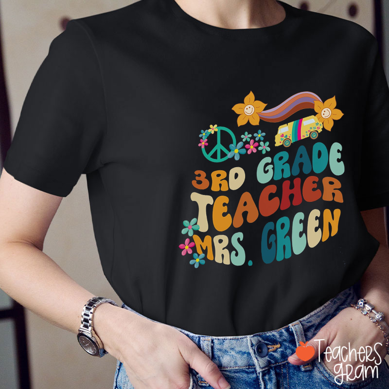 Personalized Grade Rainbow Bus Flowers Teacher T-Shirt