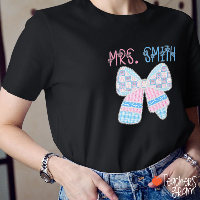Personalized Light Blue Lace Bow And Name Teacher T-Shirt