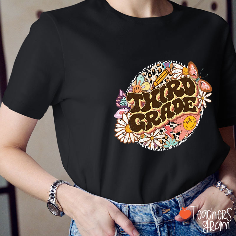 Personalized Flowers Leopard Planet Pencil Teacher T-Shirt
