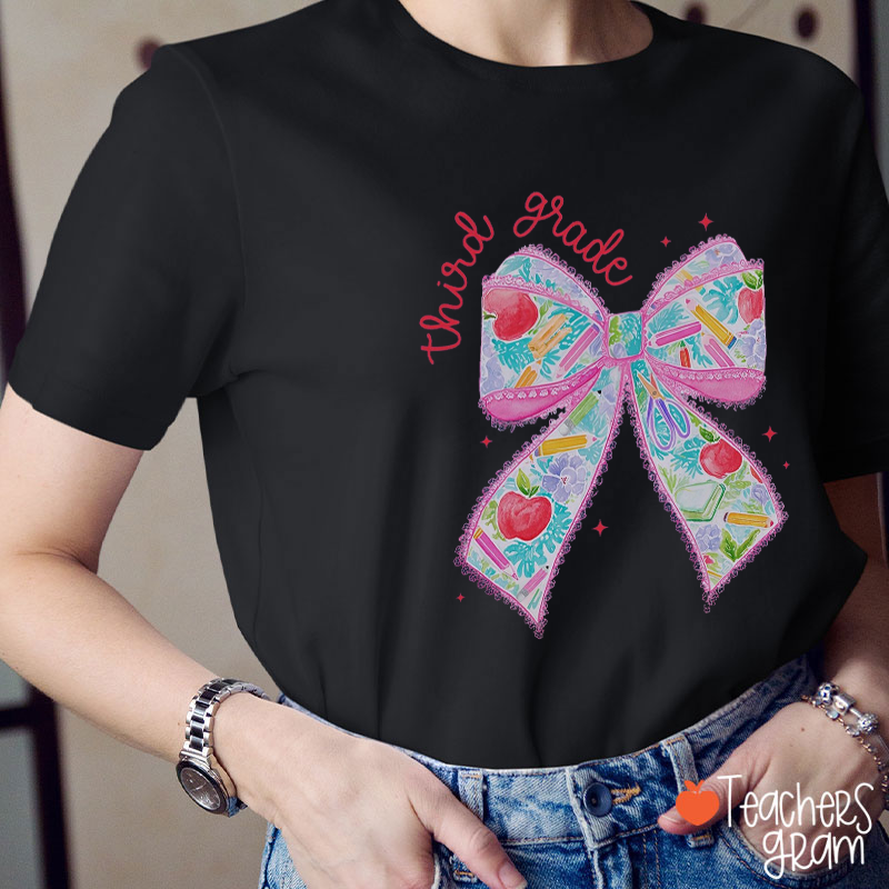 Personalized Pink Lace Bow Stationery Teacher T-Shirt