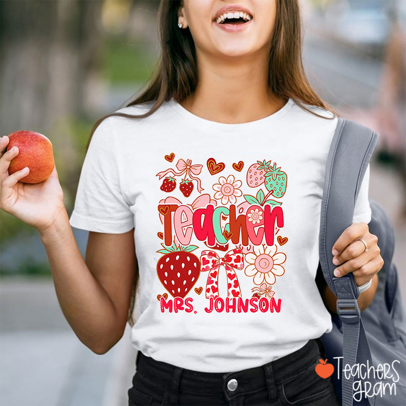 Personalized Pink Illustration Teacher And Name Teacher T-Shirt