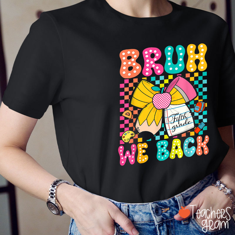 Personalized Colorful Checkerboard Background  Big Bow Teacher T-Shirt