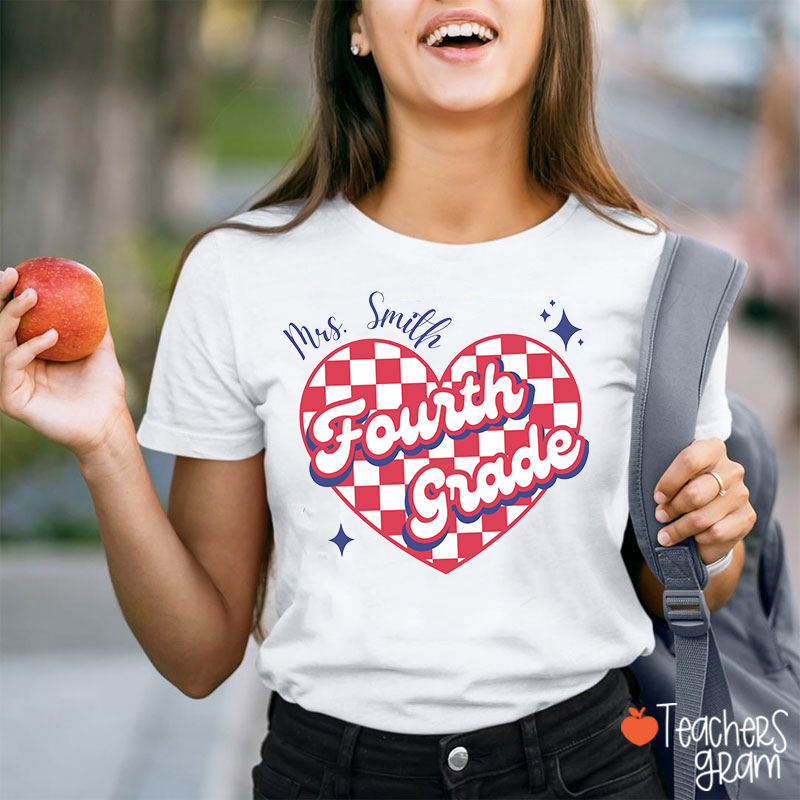 Personalized Grade Name Checkerboard Heart Star Teacher T-Shirt