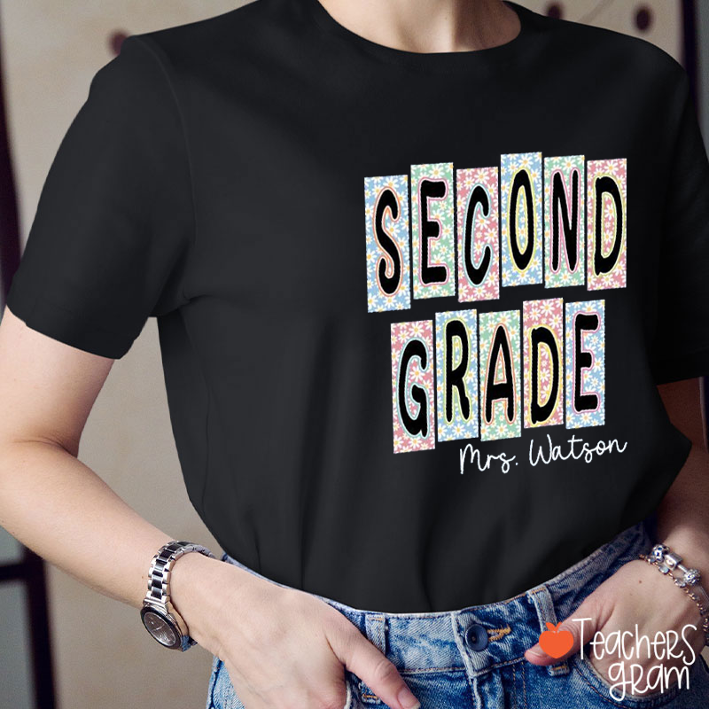 Personalized Grade Name Flower Rectangle Teacher T-Shirt
