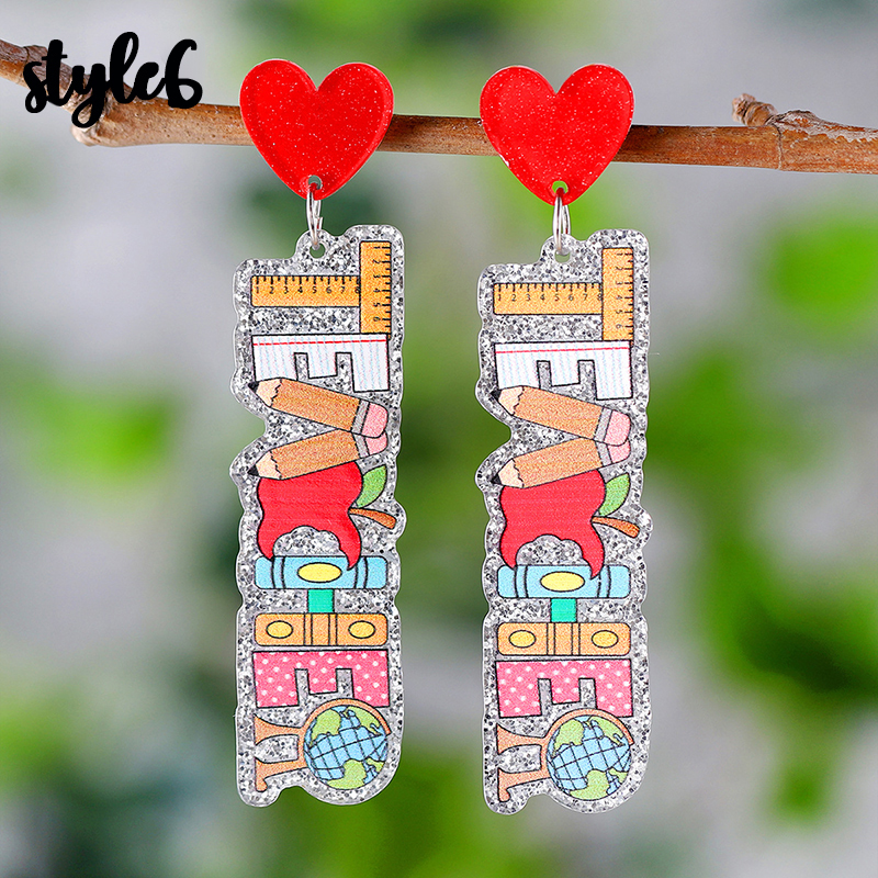 Apple Book Ruler Teacher Acrylic Earrings