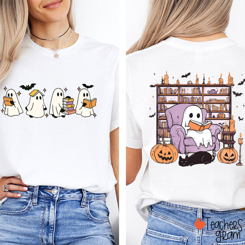 Reading Ghost With Black Cat Teacher Two Sided T-Shirt
