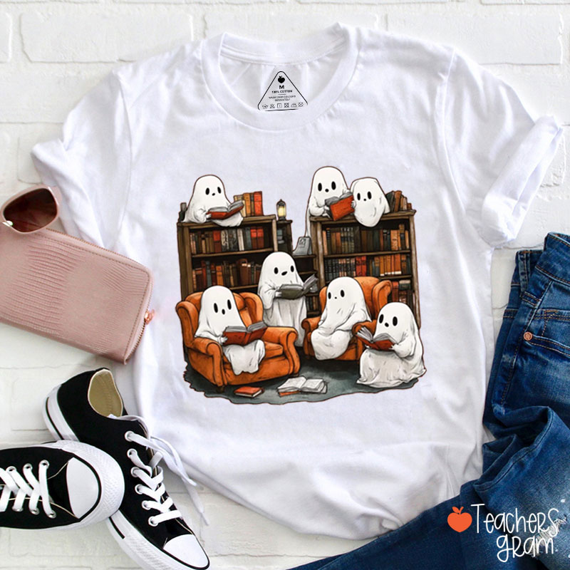 Cute Halloween Ghost Reading Book Teacher T-Shirt